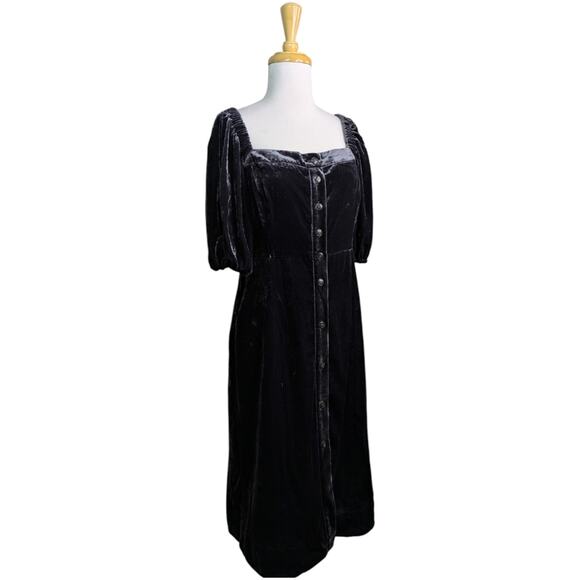 NEW J. Crew Puff Sleeve Black Velvet Midi Dress Button Front Womens 10 BD492 - Picture 14 of 15